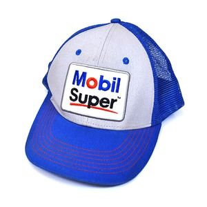 Vtg Mobil Super “Go The Distance Tour” SnapBack Trucker Hat Cap Blue Gray